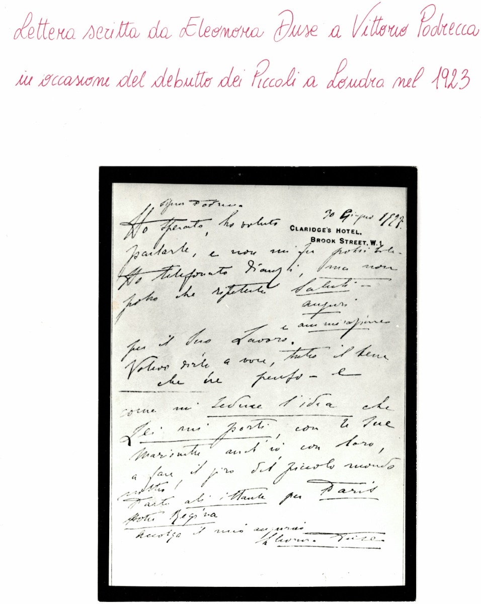 lettera scritta da E. Duse a V. Podrecca in occasione del debutto dei Piccoli a Londra
